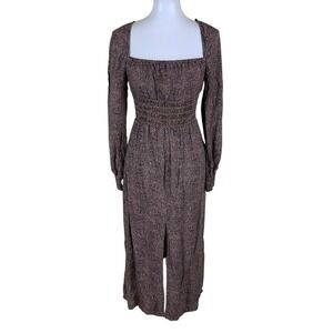 AFRM Brown Ditsy Leopard Print Square Neck Long Sleeve Midi Dress Boho M